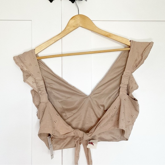 Japna eyelet crop top medium tan feminine flutter tie back girly cotton dainty - Picture 2 of 7